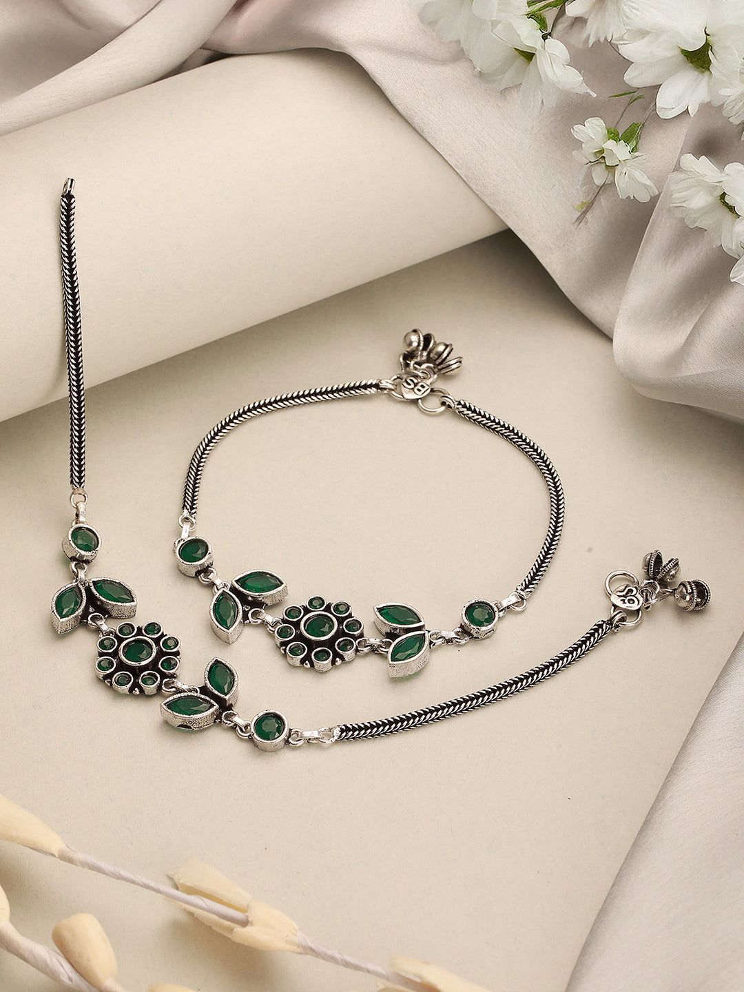 Set of 2 Silver Oxidised Green Stone Studded Trendy Floral Minimal  Bridal Dailywear Anklet Payal