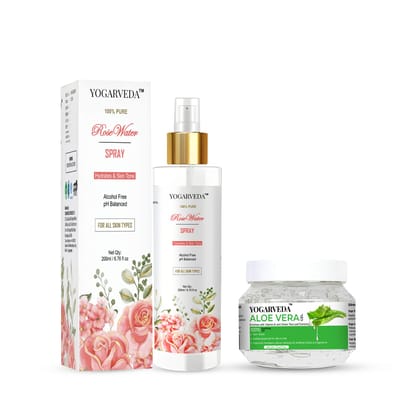 YOGARVEDA 100% Pure Rose Water Spray 200ml & Aloe Vera Gel 200g Combo  (200 ml, 200 g)