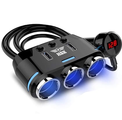 HSR Universal Super Fast Charge Car Phone Charger 3 Socket LED Voltage Display Dual USB Car Charger on/Off switches 12V car Splitter Adapter - Black HSR Universal Super Fast Charge Car Phone Charger 3 Socket LED Voltage Display Dual USB Car Charger on/Of
