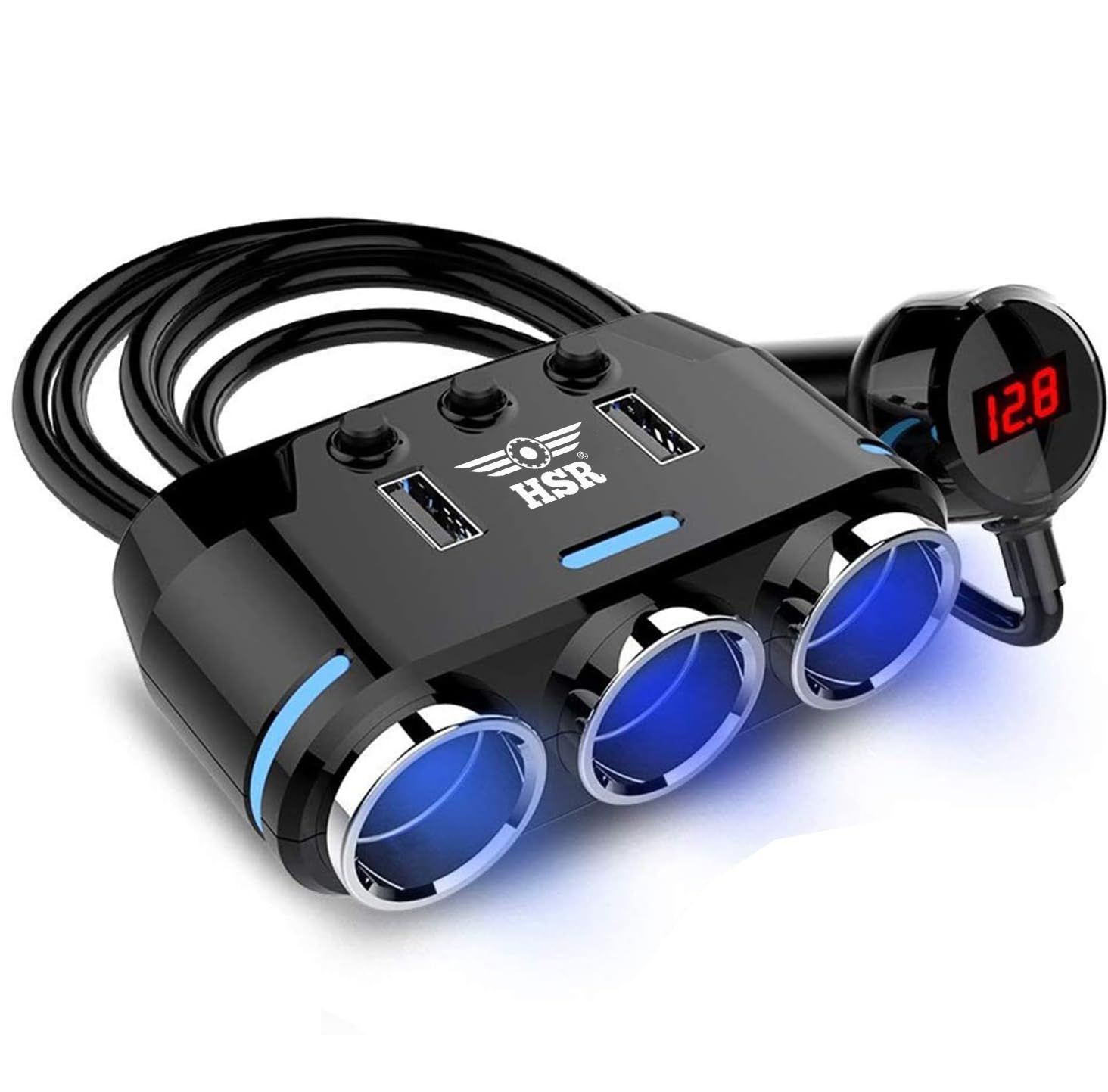 HSR Universal Super Fast Charge Car Phone Charger 3 Socket LED Voltage Display Dual USB Car Charger on/Off switches 12V car Splitter Adapter - Black HSR Universal Super Fast Charge Car Phone Charger 3 Socket LED Voltage Display Dual USB Car Charger on/Of