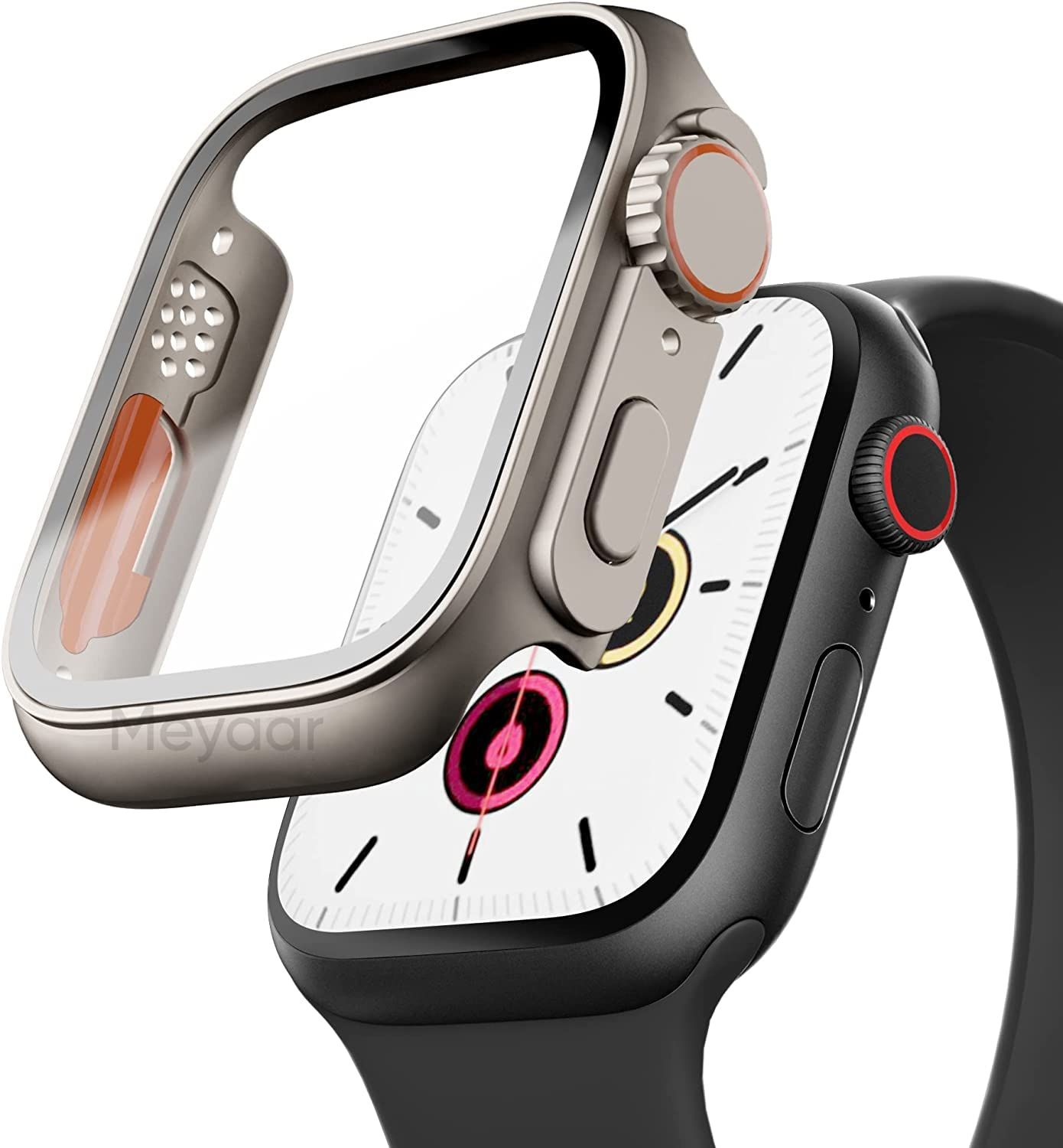 Meyaar Compatible for Apple Watch Series 4/5/6/SE 44mm Hard Case with Tempered Glass Screen Protector, Unique Design Hard PC Cover, Bumper Full Coverage Accessories for iWatch 4/5/6/SE 44mm Starlight / 44mm