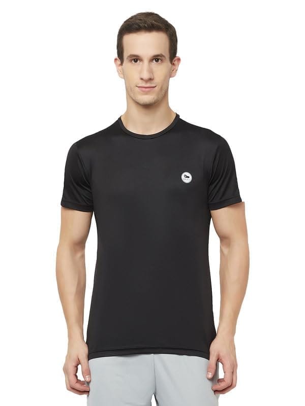 Men's Casual Colorblock Polyester Round Neck T-Shirt (Black, L)-PID47758