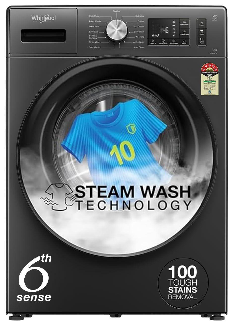 Whirlpool 7 Kg 5 Star Inverter Front Load Washing Machine with In-Built Heater (SUPREME CARE 7012 -E, Midnight Grey, 100+ Tough Stains, Steam Technology, 2025 Model) Whirlpool 7 Kg 5 Star Inverter Front Load Washing Machine with In-Built Heater (SUPREME