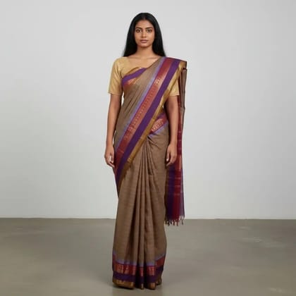 Handwoven Kanchipuram Cotton Saree in Light Khaki with Zari Border Handwoven Kanchipuram Cotton Saree in Light Khaki with Zari Border