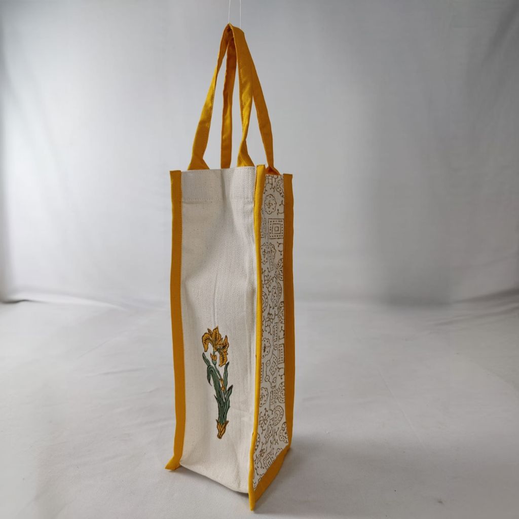 Handcrafted Block Printed Cotton Bottle Bag | Reusable | Yellow