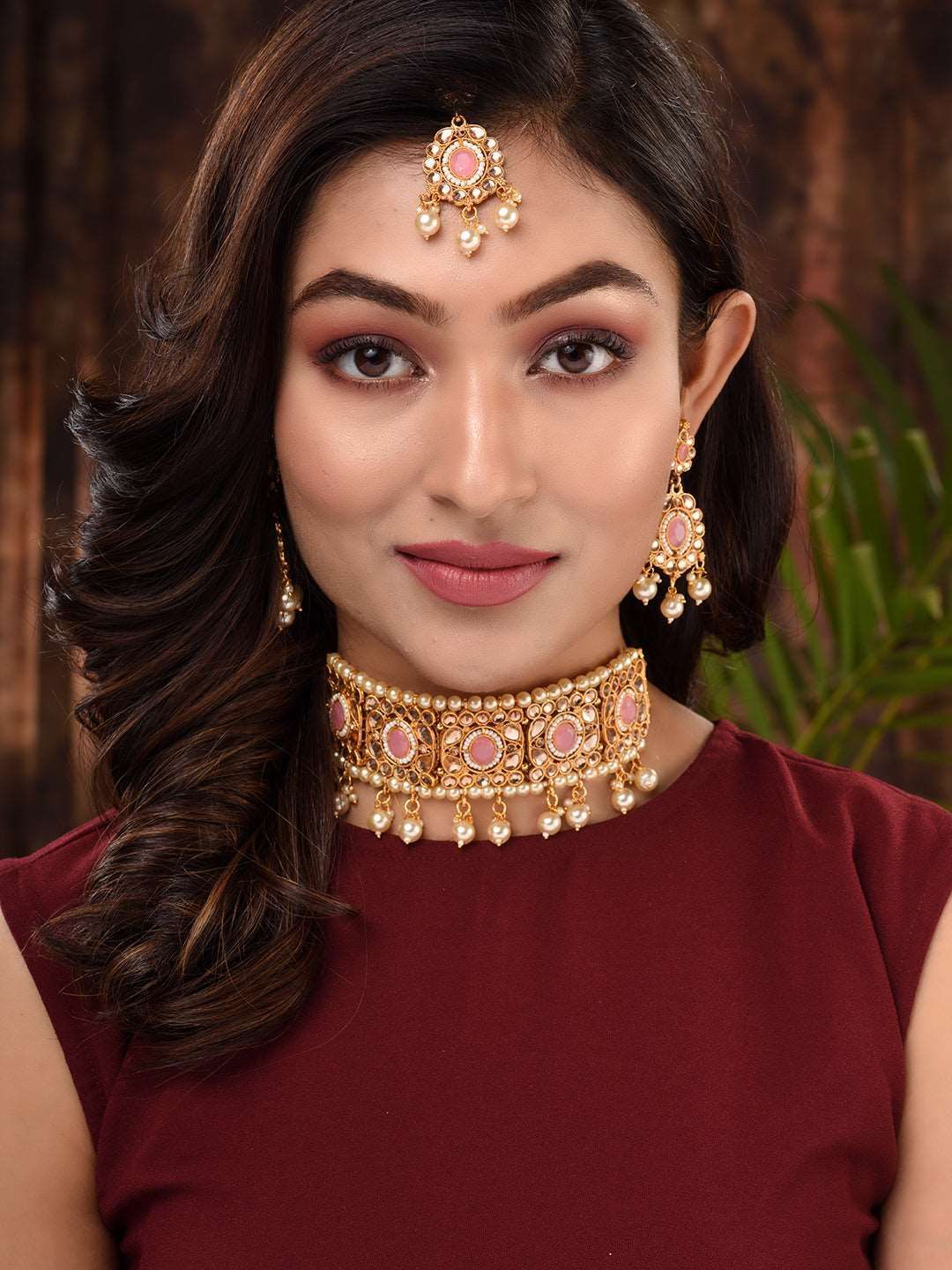 Gold Plated Pink AD studded Kundan Choker Jewellery Set