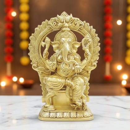Brass Ganesh Ji Idol with Decorative Frame | Framed Ganpati Murti | Lord Ganesha Home Temple Decor, Height : 17 Inch (BSMAS1951 D)