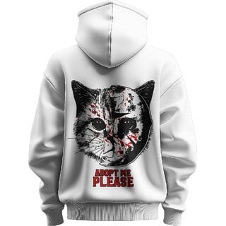 BULL CLOTHING Adopt Me, Please White Hoodie - Featuring a Bold Cat Design with Ultimate Softness and Comfort (M)