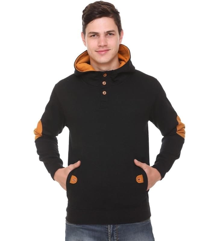 Men's Casual Solid Fleece Hooded Neck T-Shirt (Black, M)-PID47728