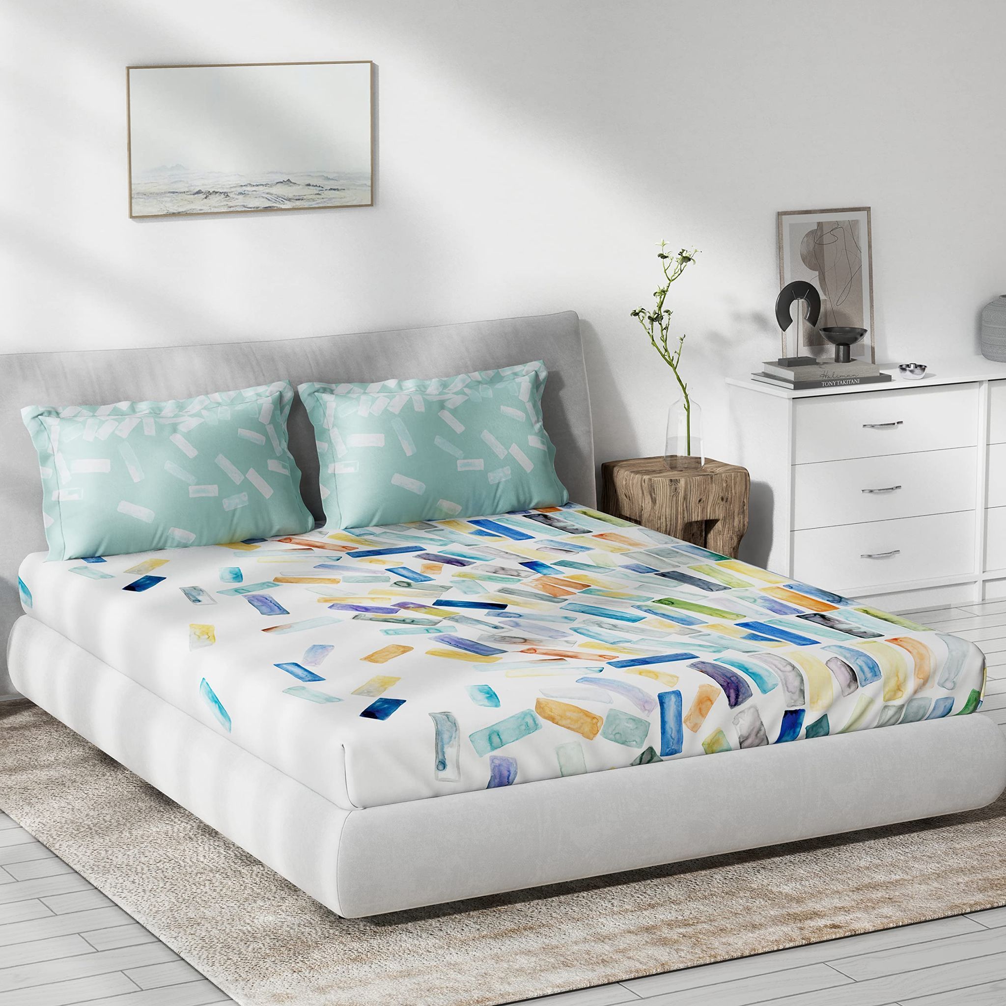 DDECOR - Primary Collection 100% Cotton Abstract Pattern 136TC King Bedsheet |229 CM X 274 CM| with 2 Pillow Covers - Turquoise