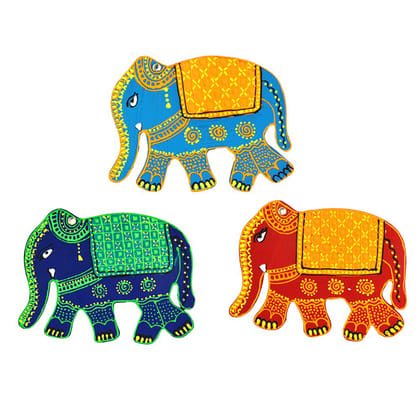 DECOREER Elephant Wooden Fridge Magnet Set of 3