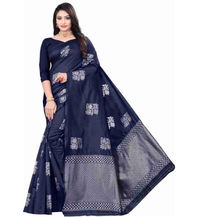 Women's Soft Lichi Silk Printed Saree With Unstitched Blouse 5.5Mtr (Blue)-PID63575