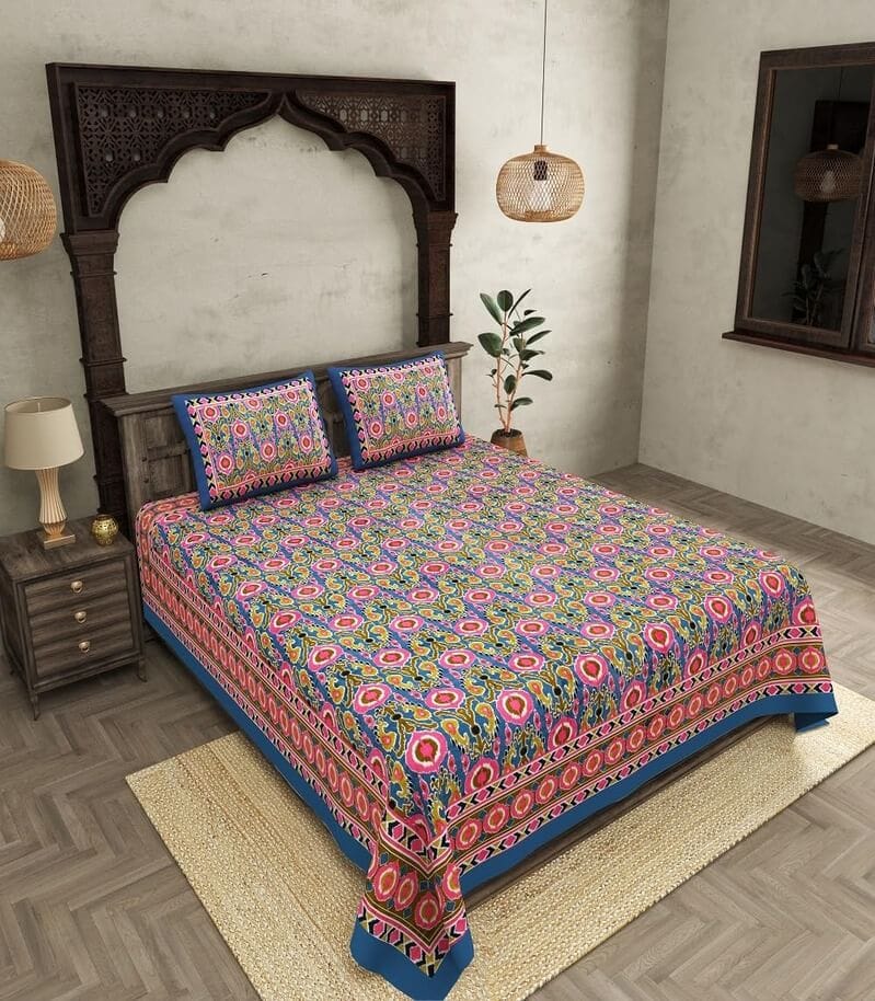 290 TC Premium Cotton Ikat Super King Size Double Bedsheet With 2 Pillow Covers(118