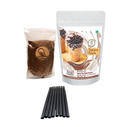 Tapioca Pearls Kit For Bubble Tea | Topping Boba For Milkshakes, Ice Cream And Yogurt | 1 Kg Topioca Pearls Including 250 Gms Brown Sugar For Caramelization And 10 Straws (12mm)