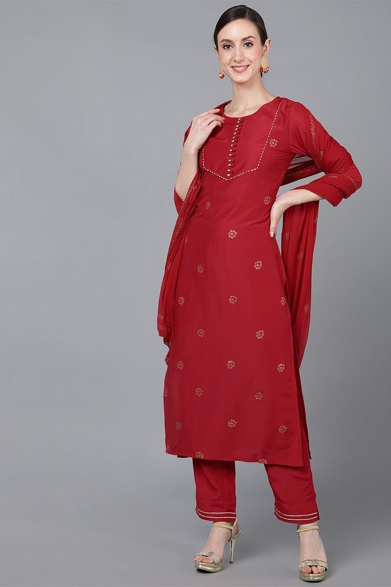 Red Poly Silk Straight Kurta Pant With Dupatta PKSKD1583