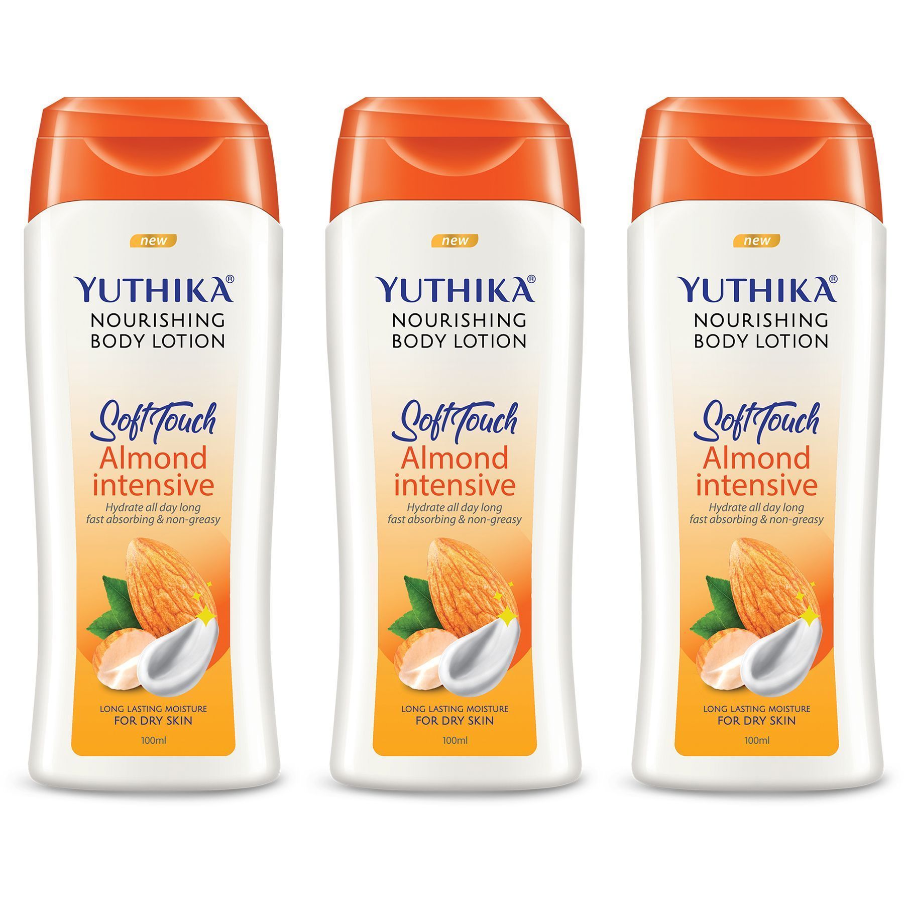 Yuthika Almond Body Lotion for Dry Skin 100ml Pack of 3, Non-Greasy Fast Absorbing & Long Lasting Nourishing Body Lotion