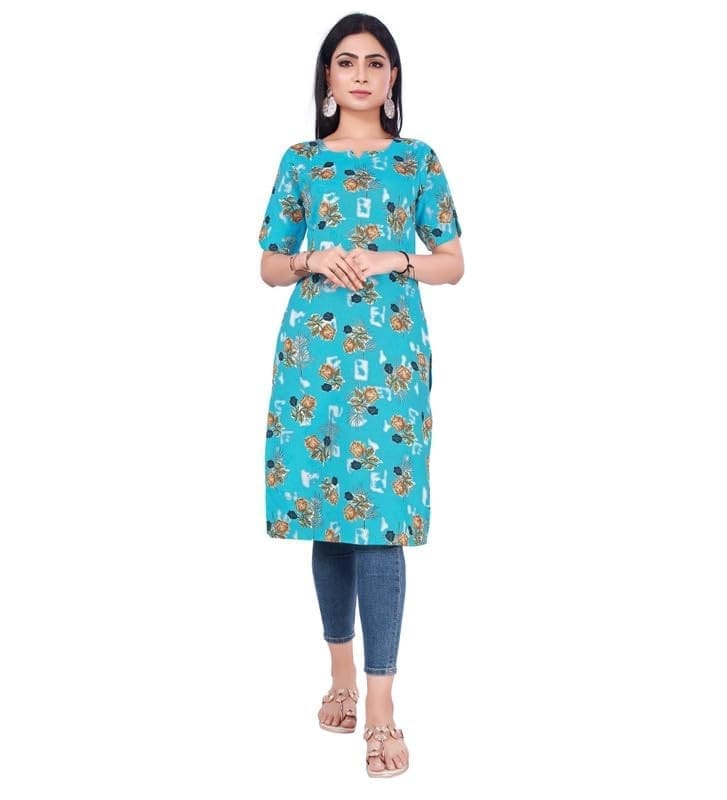 Women's Casual 3/4th Sleeve Printed Cotton Kurti (Blue, L)-PID46160
