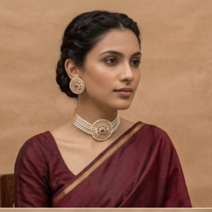Vintage MultiLayer Seed Pearl Choker Set with Gold Jadau Pendant