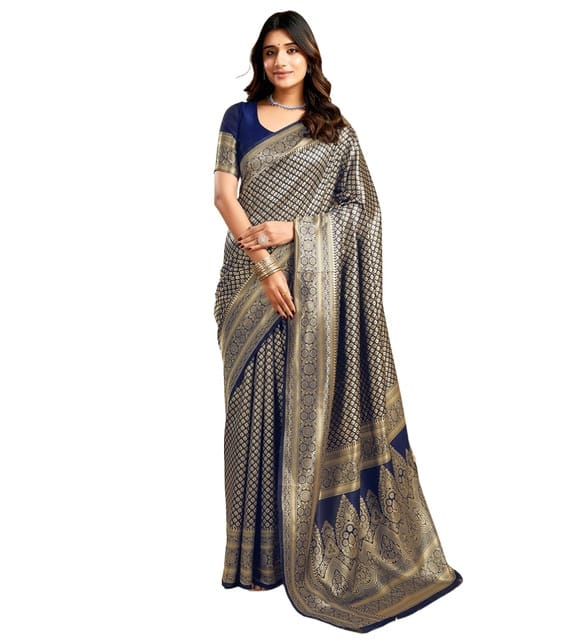 Generic Women's Jacquard Printed Saree with Unstitched Blouse Piece, Soft Lightweight 5.5 m Sari for Daily, Office and Wear (Navy Blue, Design 67650)