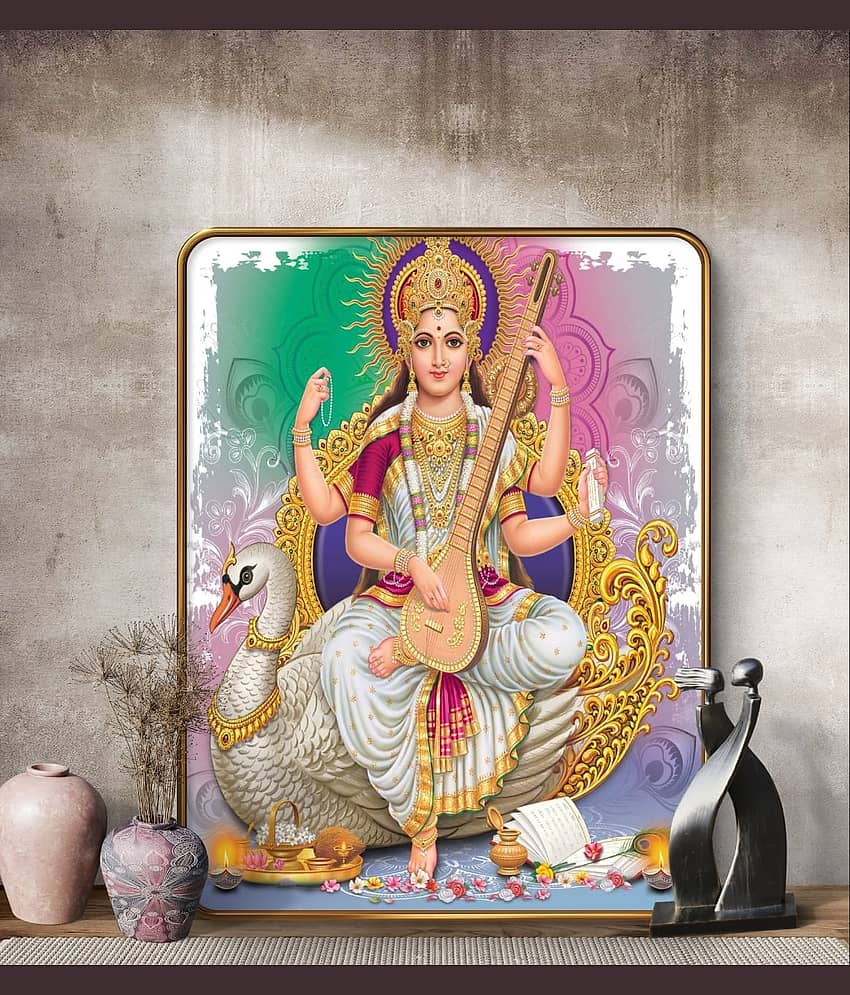 SAF Saraswati Devi Wall Painting with Golden Frame & Sparkle Lamination | MDF Board Poster for Pooja Room Office Study Area | Hindu Goddess Art for Knowledge & Wisdom
