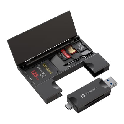 Portronics Mport 30 Plus Card Reader with Storage Case for microSD & SD Cards, Type-C & USB Dock Dual Plugs, Carry Case for microSD, SD, SIM Cards and SIM Ejector Tool (Black) Black / Standard