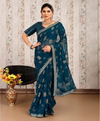 Women's Zomto Patta Chiffon Saree with Unstitched Blouse (Blue, 5-6 Mtrs)