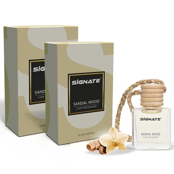 Signate Car Perfume with Natural Fragrance Essential Oils | Car Air Fresheners Long Lasting Upto 90 Days | Hanging Pod in Glass Bottle with Wooden Diffuser Lid 15ML (Sandal Air) (Pack of 2)