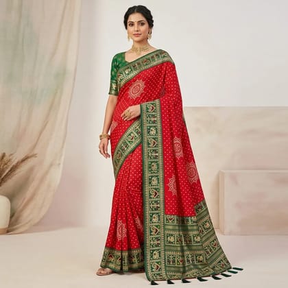 Red Satin Silk Bandhani Print Green Border Saree For Women