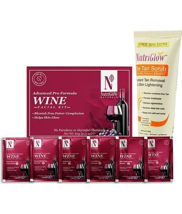 Nutriglow Wine Facial Kit For Blemish Free Fairer Complextion 60gm and De Tan Scrub 65gm For All Skin Type (Pack of 2)