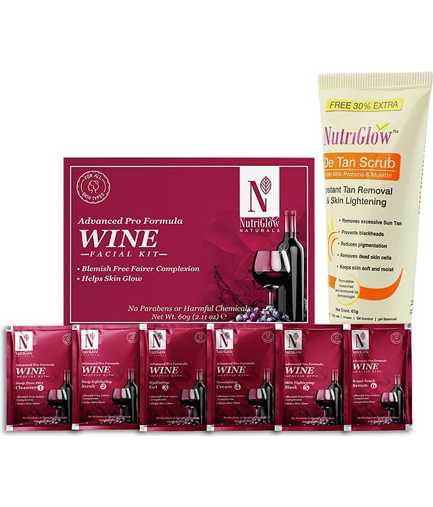Nutriglow Wine Facial Kit For Blemish Free Fairer Complextion 60gm and De Tan Scrub 65gm For All Skin Type (Pack of 2)