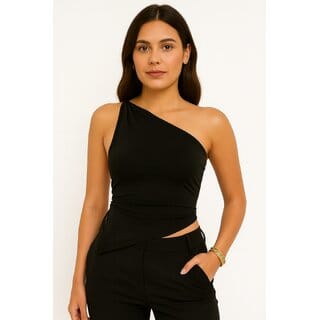 ATLIES Womens Black One-Shoulder Asymmetric Wrap Top