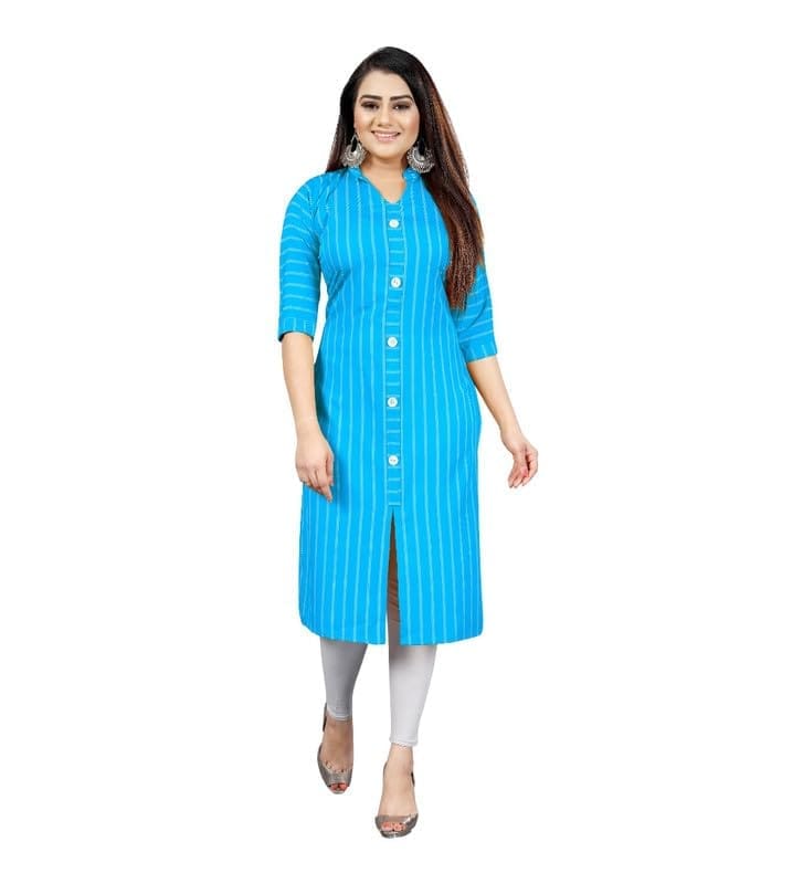 Women's Casual 3/4th Sleeve Floral Printed Crepe Kurti (Blue, S)-PID46185