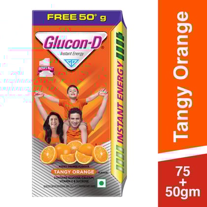 Glucon-D Tangy Orange Glucose Powder(75g + 50g Extra)| For Tasty Orange Flavoured Glucose Drink| Provides Instant Energy| Vitamin C Supports Immunity| Contains Calcium for Bone