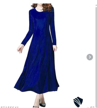 Elizy Royal Blue Plain Velvet Long Dress For Women