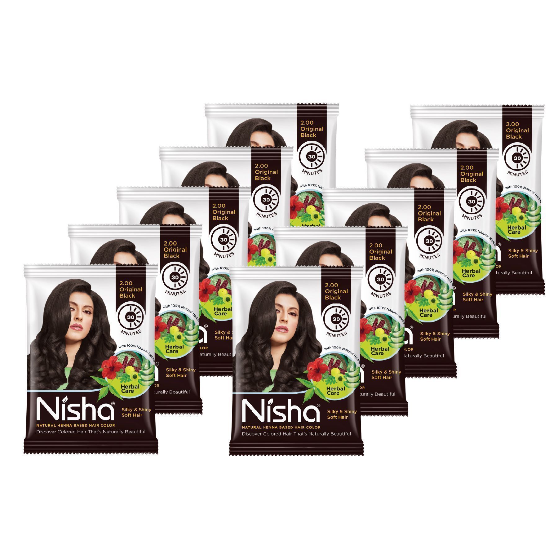 Nisha Henna Based Hair Color Original Black 10g Pack of 10, Ammonia Free Henna Powder Hair Colour Dye Black Hair Color