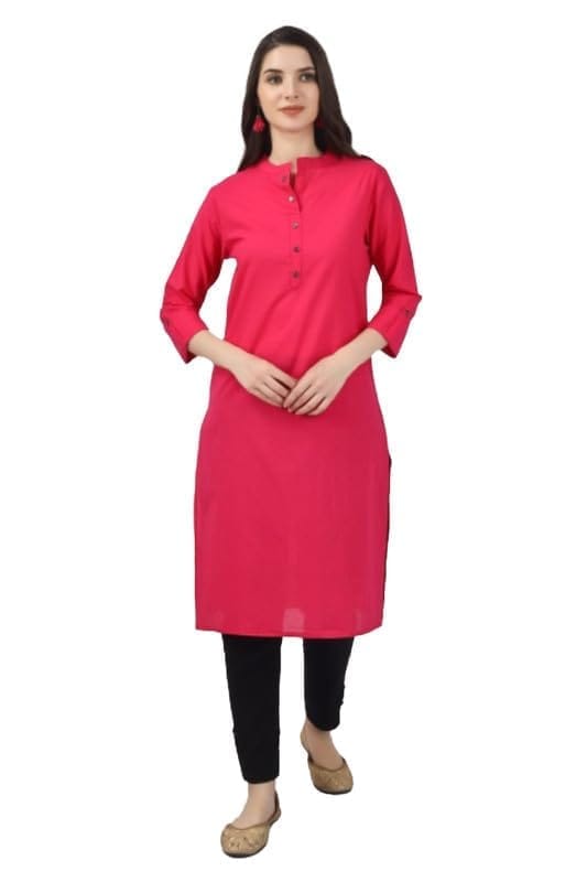 Women's Solid Calf Length Cotton Kurti (Pink, S)-PID46344