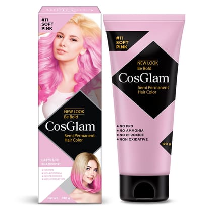 COSGLAM Semi Permanent Hair Color, No Peroxide, Non Oxidative, Ammonia Free Hair Colour 11 Soft Pink - 120gm