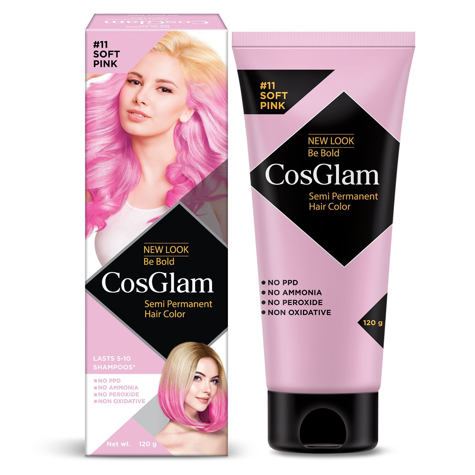 COSGLAM Semi Permanent Hair Color, No Peroxide, Non Oxidative, Ammonia Free Hair Colour 11 Soft Pink - 120gm