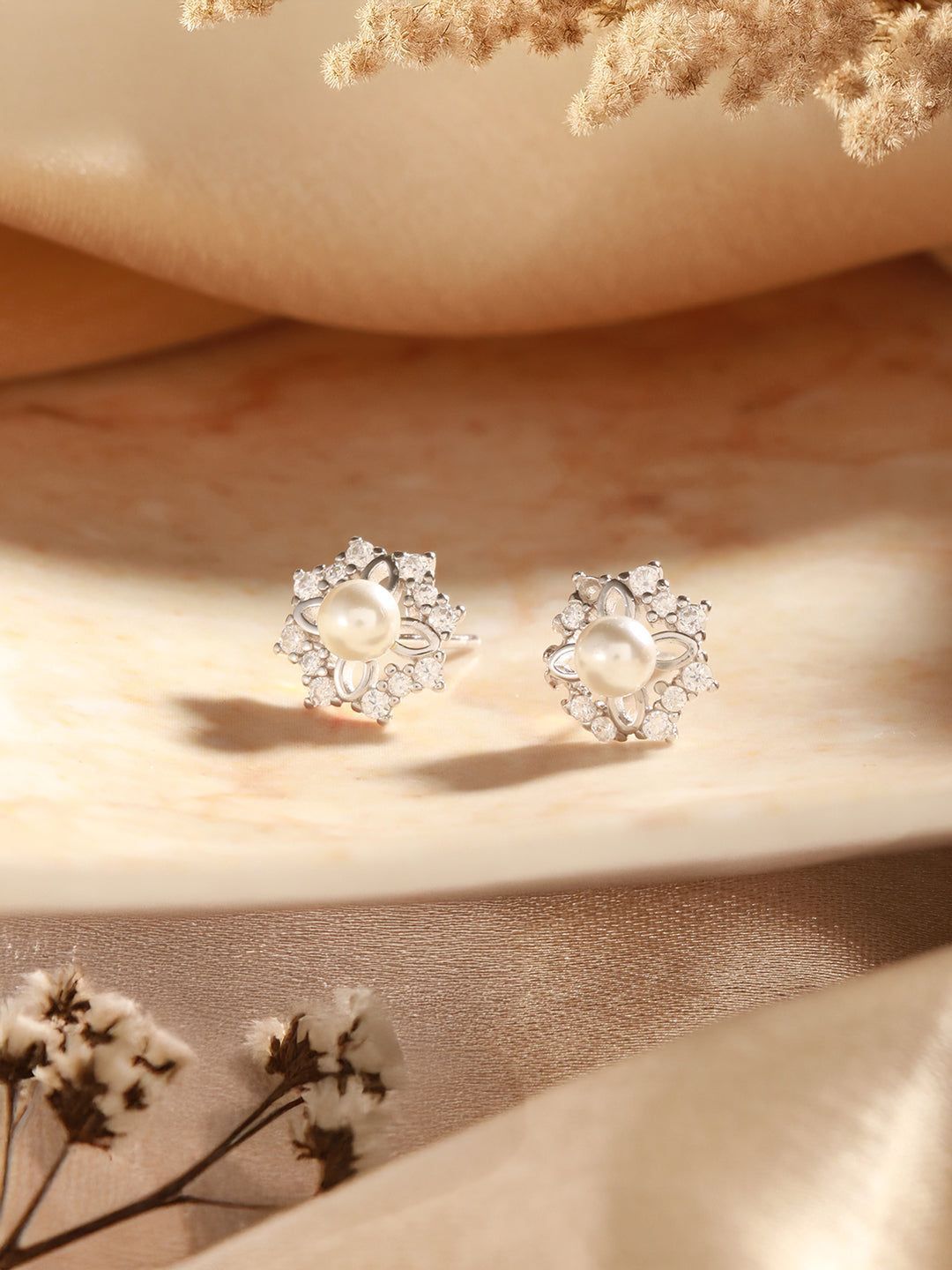925 Sterling Silver Zircon Studded Faux Pearls  Flower Studds Earrings