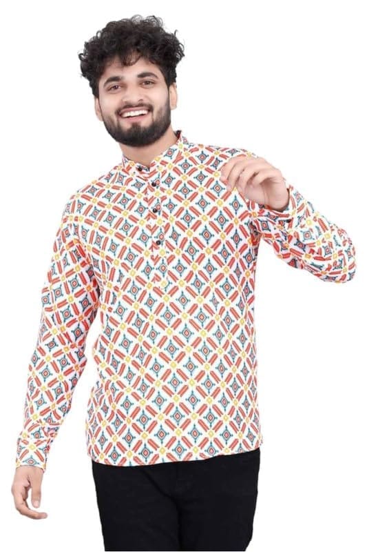 Men's Cotton Blended Printed Full Sleeve Shortkurta (Multicolor, L)-PID53464