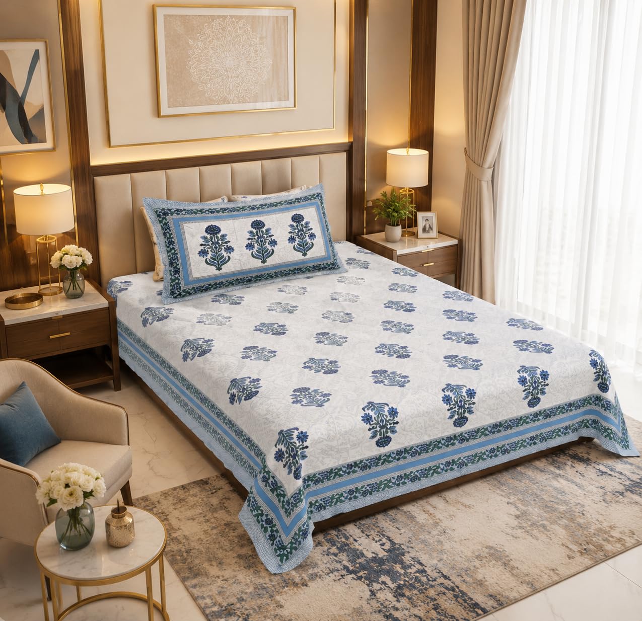 Luxury Hand Block Cotton Single Bedsheet with 1 Pillow Cover | Heritage Luxury Hand Block premium Soft Bamboo Cotton Fabric Lightweight comfort & Breathable Blue floral design