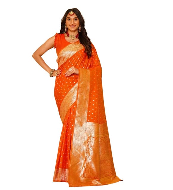 Generic Women's Jacquard Printed Saree with Unstitched Blouse Piece, Soft Lightweight 5.5 m Sari for Daily, Office and Wear (Orange, Design 67665)