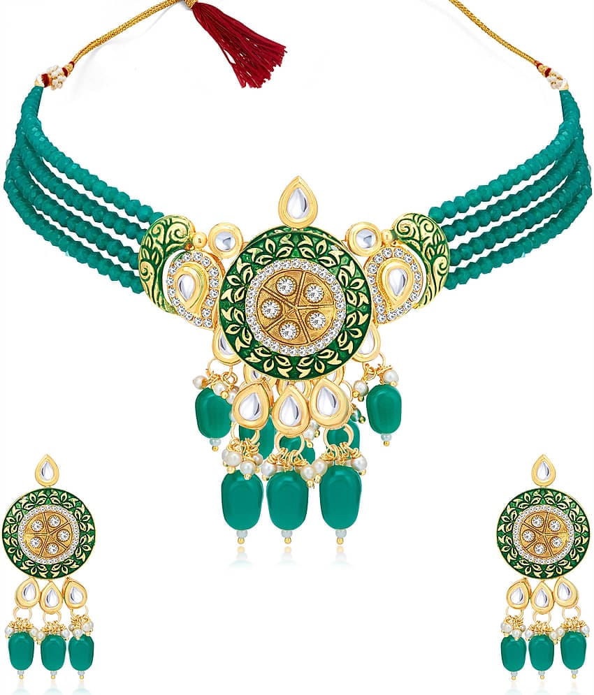 Sukkhi Alloy Green Traditional Necklaces Set Choker