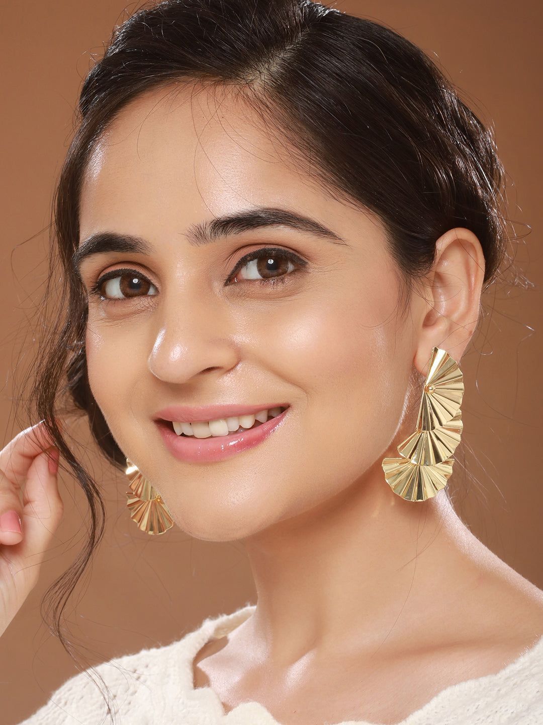 Anti-Tarnish Gold Plated Striped Three Layered Drop Earrings