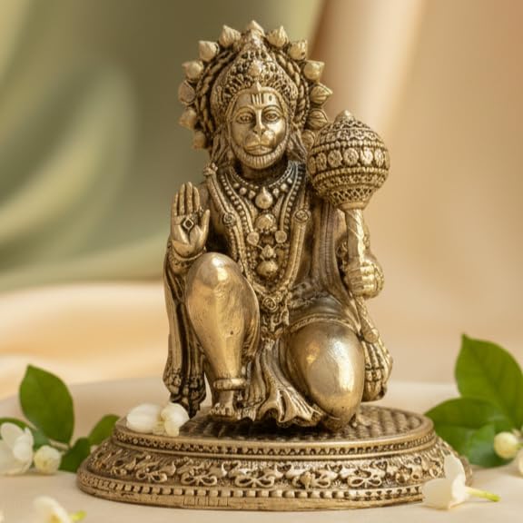 Sukh Sehaj Lord Bajrangbali Murti | Hanumanji Murti | Brass Murti | Handcrafted, Antique Finish, 3.0 Inch Height, for Home Temple, Decor, Pooja Ritual and Gifting