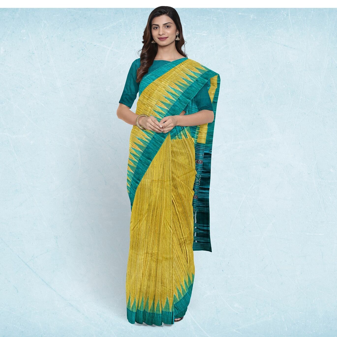 Metallic Sunburst Temple Border Tussar Silk Saree