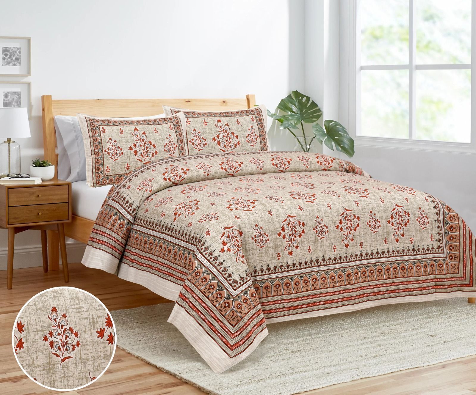 3001-Hometrade India-Standard King Size (90*108 Inches) Double Bedsheet With 2 Pillow Cover-RJ-14-Jaipur lining-3308