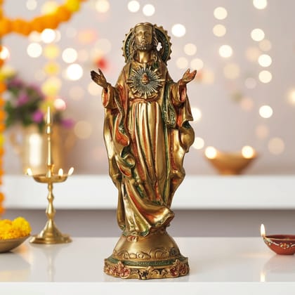 Brass Showpiece Jesus Big Colour Statue - Painted Christian Statue For Home Temple & Gifting, Height : 16 Inch (BSMAS287)