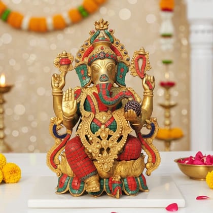 Brass Showpiece Ganesh Ji With Stone Work Statue (BSMAS1138 C)