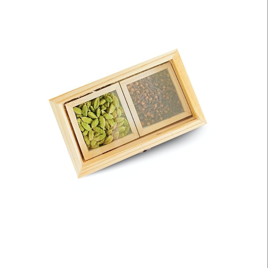 Kusha Wooden Two Spice Gift Box � Whole Green Cardamom (50g) & Cloves (50g) | Premium Indian Spices in Handcrafted Wooden Box | Gift Set for Tea, Cooking & Festive Gifting